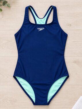 Speedo Girls Size 12 Navy Blue One-Piece Swimsuit Racerback Athletic Fully Lined